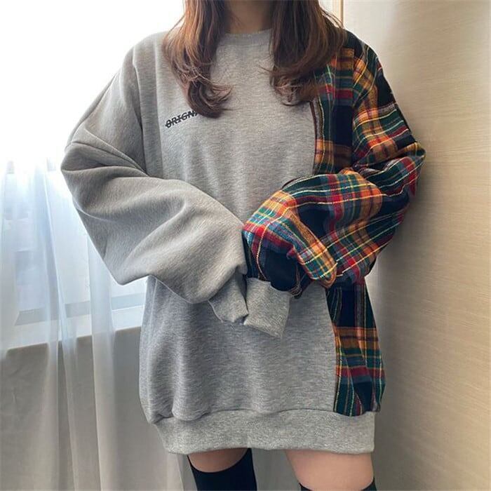 主役級 チェック柄 切り替え スウェット全2色ゆったりトップス＜S-4773＞