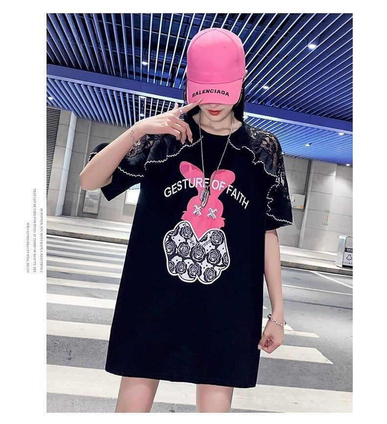 レースステッチアイスシルクニットルーズラビットプリント半袖Tシャツ<S-5038>