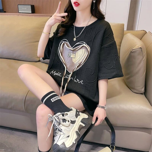 着心地良い ハート 立体風 プリントTシャツ 三色 ゆったり半袖＜S-2933＞