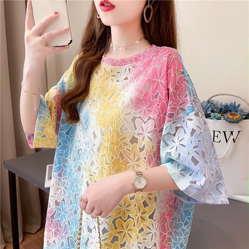 オシャレ度満点 ラウンドネック スタイリッシュ 透かし彫り Tシャツ カットソー＜S-2957＞
