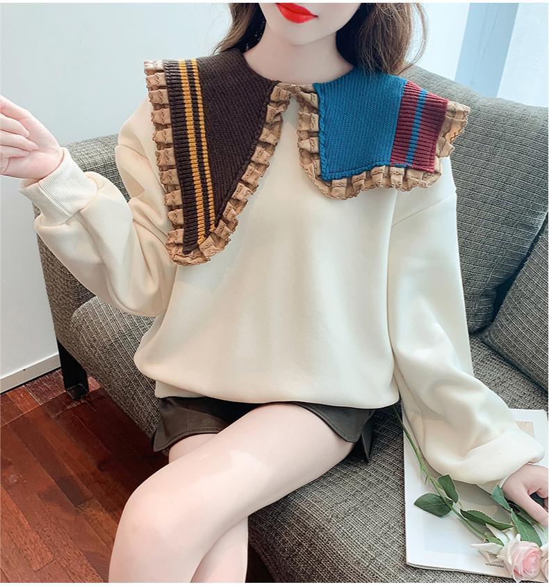 【秋の初めの割引！！】好感度UP フリル 折り襟 二色 配色 スウェット長袖Tシャツ＜S-3999＞