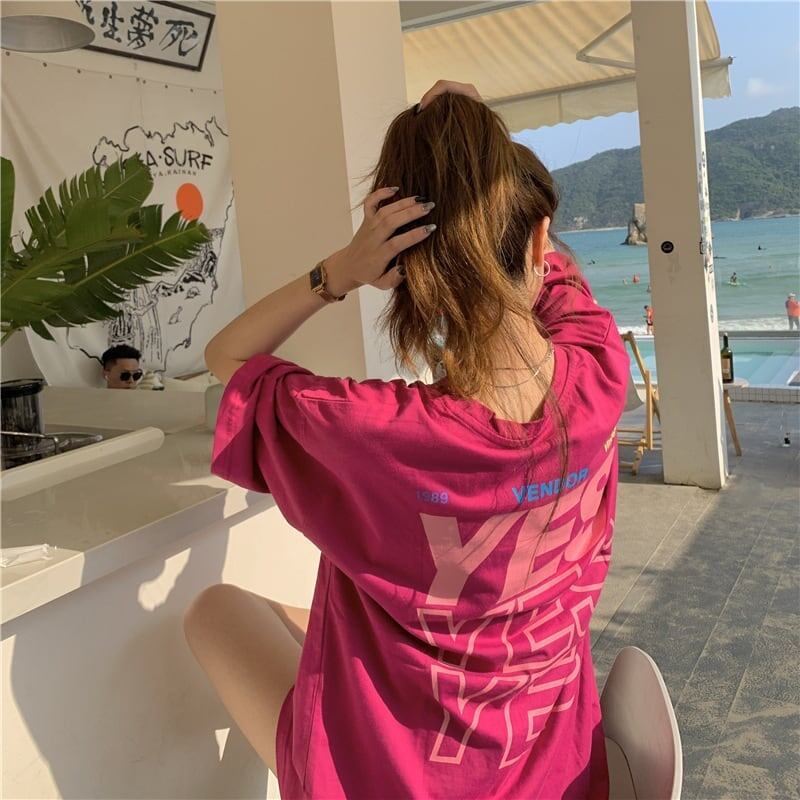 着心地良い プリント アルファベット ロング Tシャツ ゆったり半袖 ＜S-2851＞