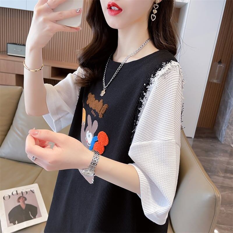 ワッフルフェイクツーピース漫画立体刺繍半袖Tシャツ<S-2871>