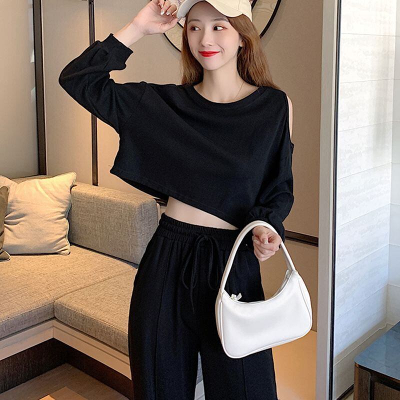 韓国風ファッション カジュアル ?感?佳 全2色 長袖Tシャツ＆ハイウエストワイドレッグパンツのセットアップ<S-9103>