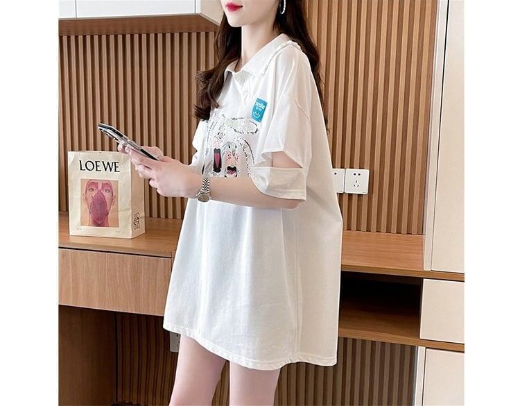 美人度アップ 折り襟 可愛いウサギちゃん プリントロング Tシャツ ゆったり半袖 ＜S-2956＞
