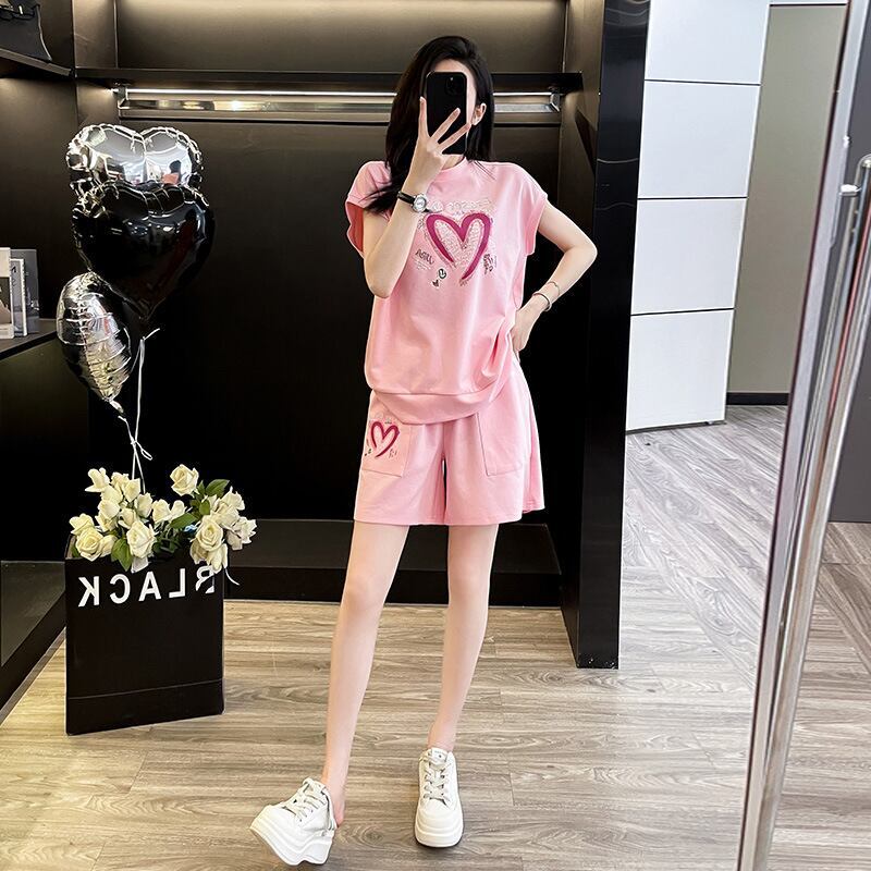 超人気 ホットダイヤモンド カジュアル プリント 半袖Tシャツ ショートパンツ セットアップ ＜S-9215＞