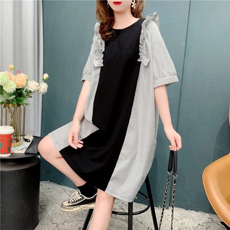 オシャレ感たっぷり 美人度アップ プリント Tシャツ カットソー ワンピース＜isf-3608＞
