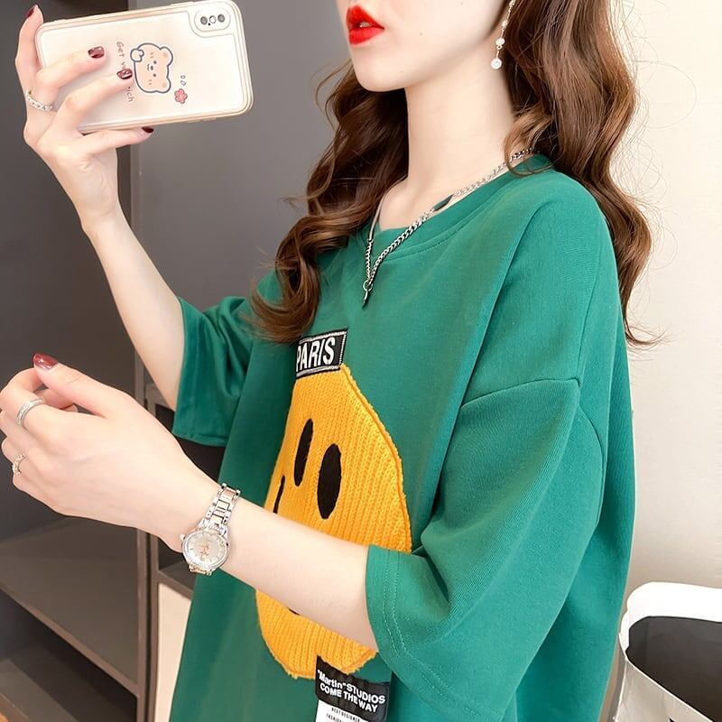 質感のいい ニコちゃん刺繍 スマイル ロング Tシャツ ゆったり半袖 ＜S-2947＞
