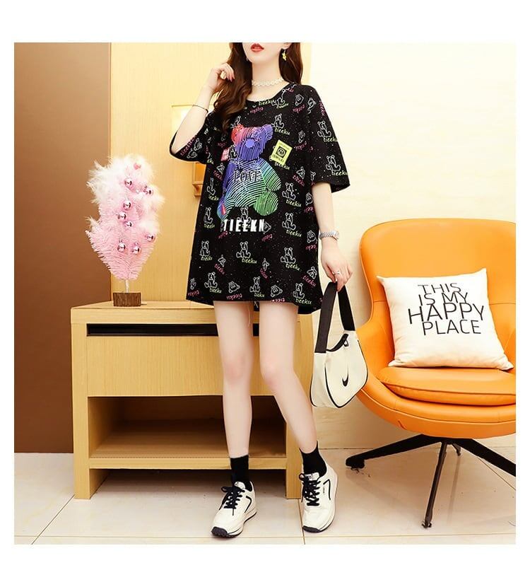 大活躍 プリント 熊柄 Tシャツ ラウンドネック ゆったり半袖＜S-3004＞