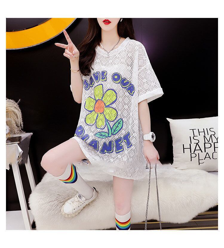 【半額！期間限定！！】新商品 切り替え 一目惚れ 透かし彫り プリント Tシャツ カットソー＜S-8523＞