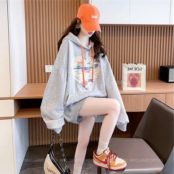 韓国系ハートマークプリントフード付きパーカー三色あり＜S-4143＞