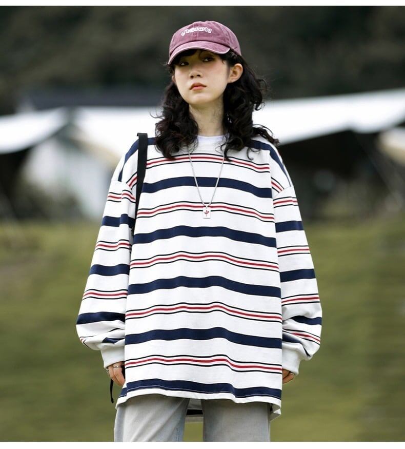 おすすめ 二色 ストライプ柄切り替え 長袖Ｔシャツ トップス＜S-4129＞