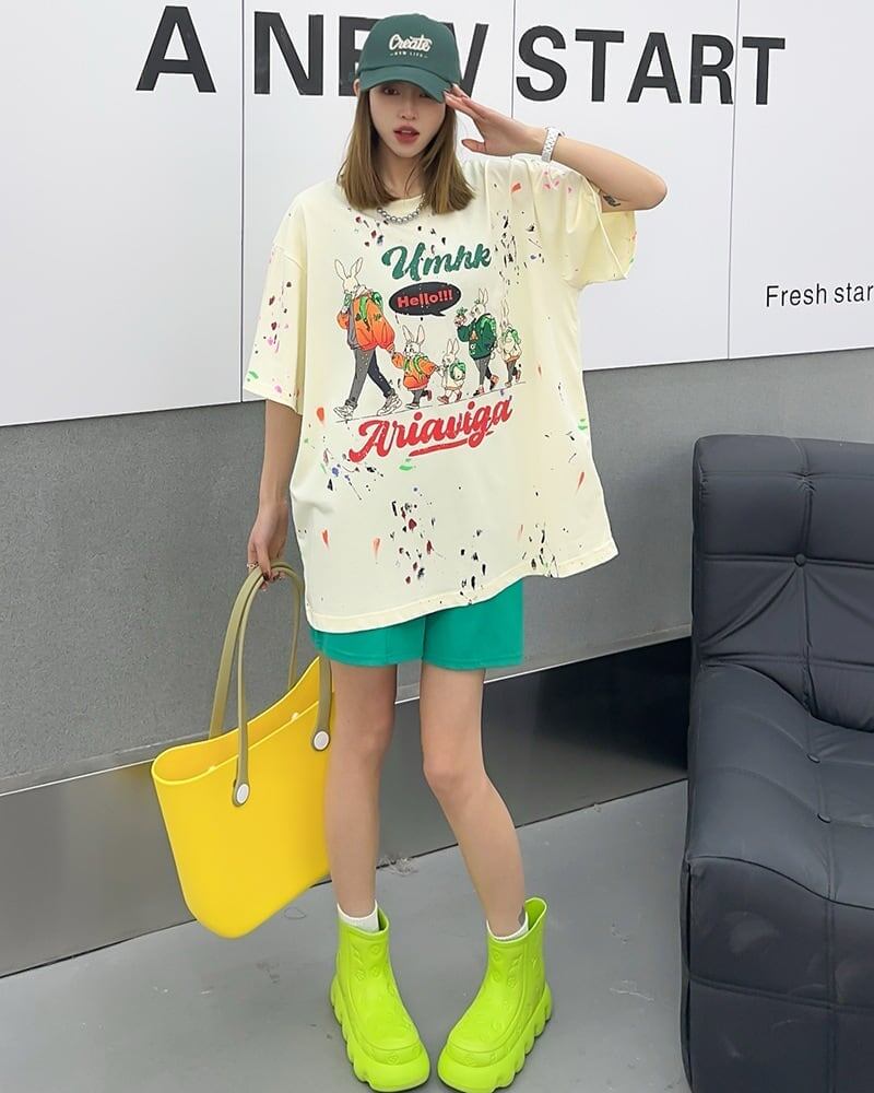 早い者勝ち キュート ファッション ルーズ 落書き風 プリント半袖Tシャツ 全3色<S-4913>
