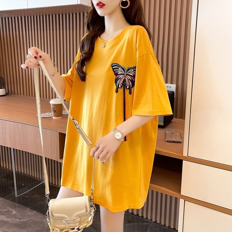 最新デザインセンス刺繍純綿ルーズ半袖Tシャツ<S-2949>