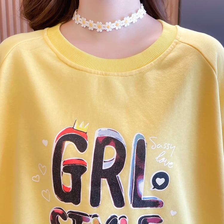 秋の新作 パフスリーブ アルファベットプリント 長袖ラグランTシャツトップス<S-4032>