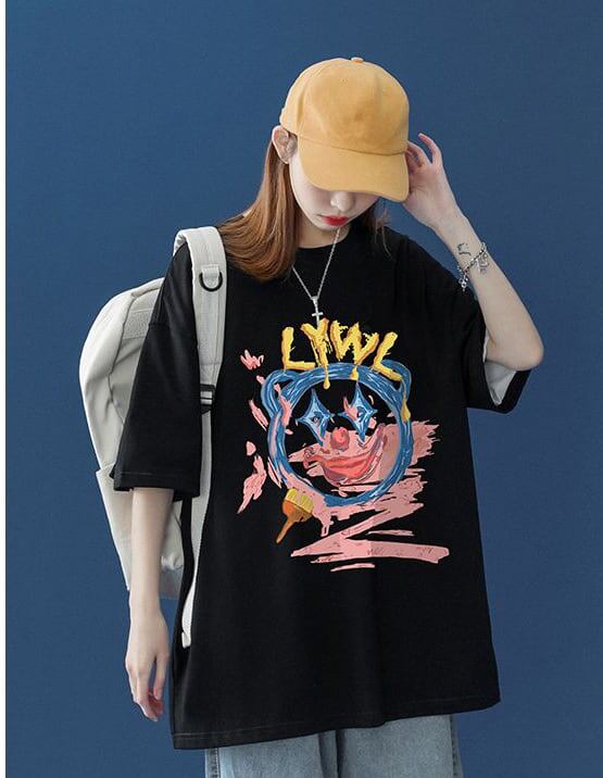 話題沸騰中 ゆったり カジュアル プリント 2色半袖Tシャツ＜S-8159＞