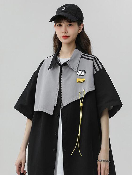 シンプルだけど一癖あるコーデ 切り替え レイヤード風 全2色 半袖Tシャツ<S-9046>