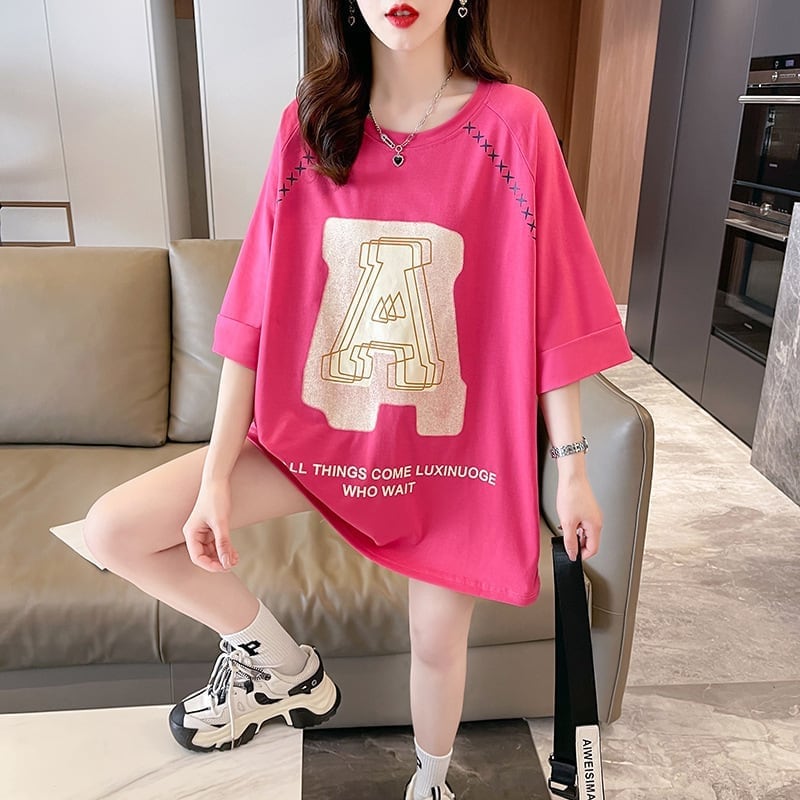 超人気商品 ロング アルファベット プリントTシャツ 三色 ゆったり半袖 ＜S-4019＞