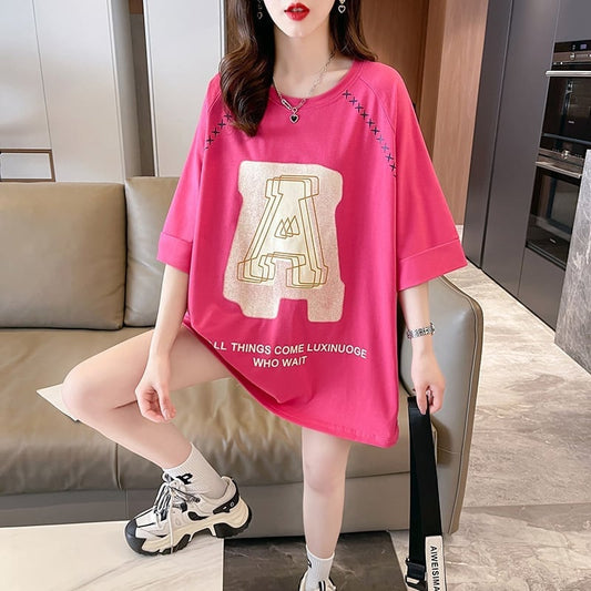 超人気商品 ロング アルファベット プリントTシャツ 三色 ゆったり半袖 ＜S-4019＞