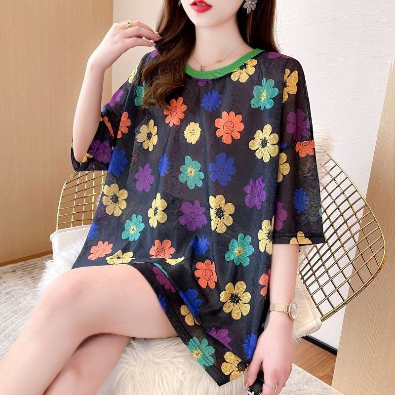 大人可愛い 半袖 紫外線対策 ラウンドネック ルーズ Tシャツ ＜S-8642＞