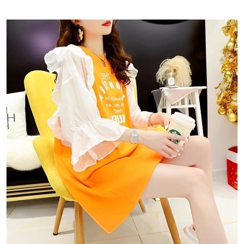 女子力アップ アルファベット パフスリーブ プリント ロングTシャツ ゆったりワンピース ＜S-3054＞