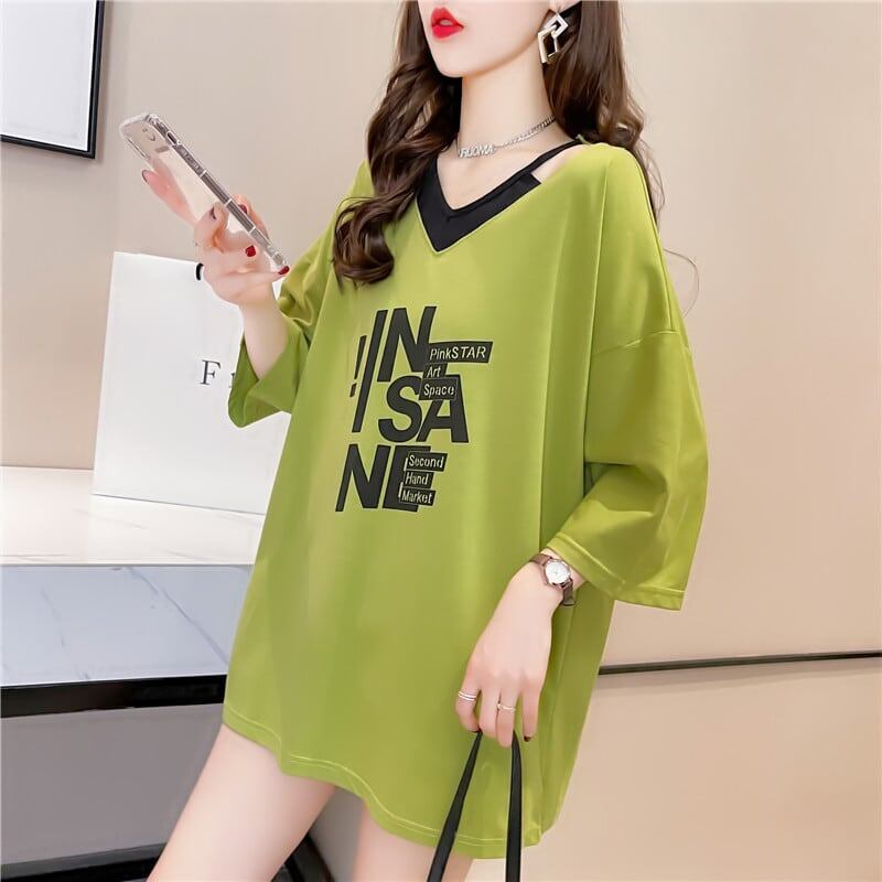 売れ筋 アルファベット Vネック フェイクレイヤード ゆったり 着せ 半袖 Tシャツ ＜S-2005＞
