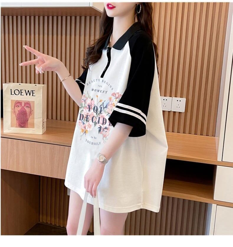 POLOネック プリント バタフライ ロング ラグランTシャツ ゆったりワンピース ＜S-3023＞