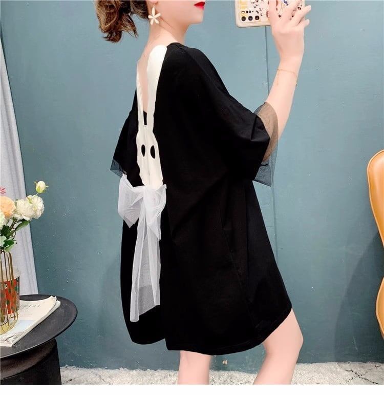 優しい雰囲気 立体のリボン バックオープン プリント ロングTシャツ ゆったり半袖＜S-2939＞
