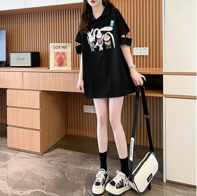 美人度アップ 折り襟 可愛いウサギちゃん プリントロング Tシャツ ゆったり半袖 ＜S-2956＞