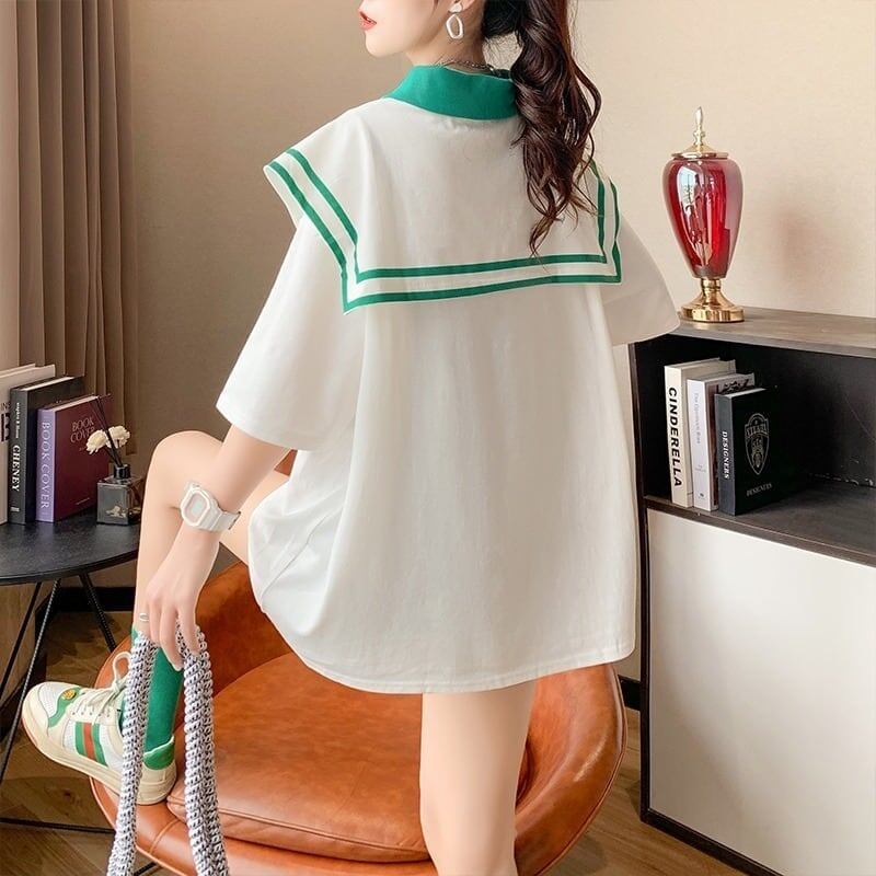 絶対欲しい ロング セーラーカラー Tシャツ 三色 ゆったりワンピース＜S-4028＞