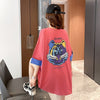 韓国系 ドロップショルダープリント ラウンドネック ロング Tシャツ 三色 ゆったり半袖＜S-3011＞