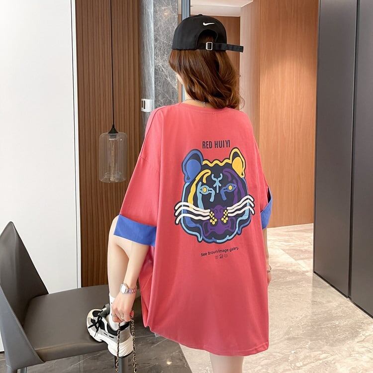 韓国系 ドロップショルダープリント ラウンドネック ロング Tシャツ 三色 ゆったり半袖＜S-3011＞