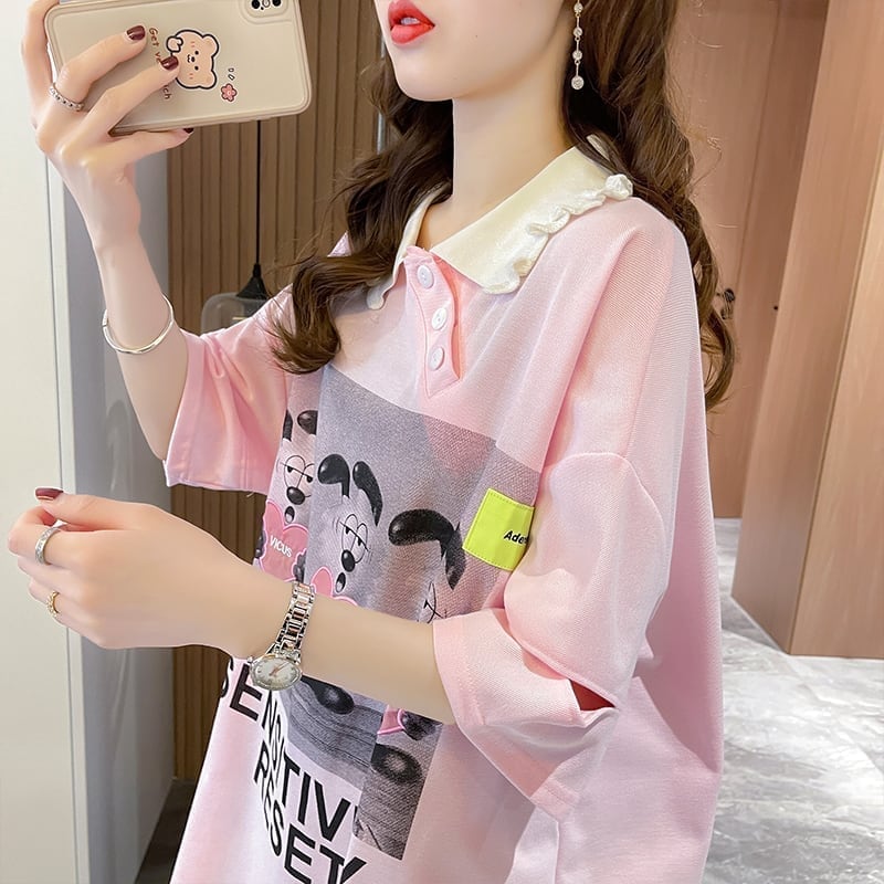 夏新作 アルファベットプリント POLOネック ロング Tシャツ ゆったりワンピース ＜S-3038＞