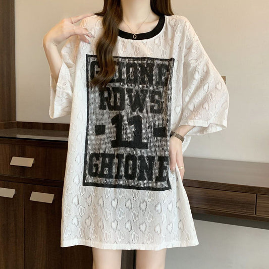 超人気 アバンギャルド 絶対流行 レース プリント全2色 半袖Tシャツ<S-8798>