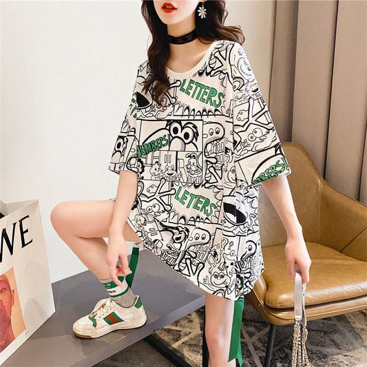 超人気 アバンギャルド 個性派 ラウンドネック プリント全2色 半袖Tシャツ<S-8720>