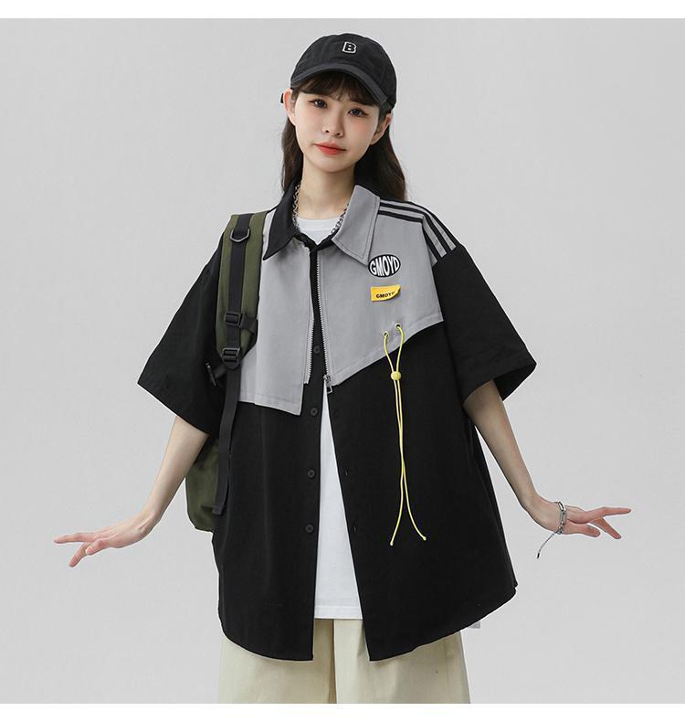 シンプルだけど一癖あるコーデ 切り替え レイヤード風 全2色 半袖Tシャツ<S-9046>