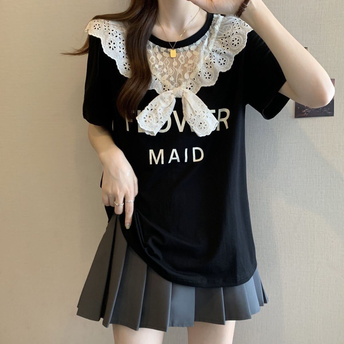 超人気 レース スウィート 切り替え プリント 3色選択 半袖Tシャツ＜S-8825＞
