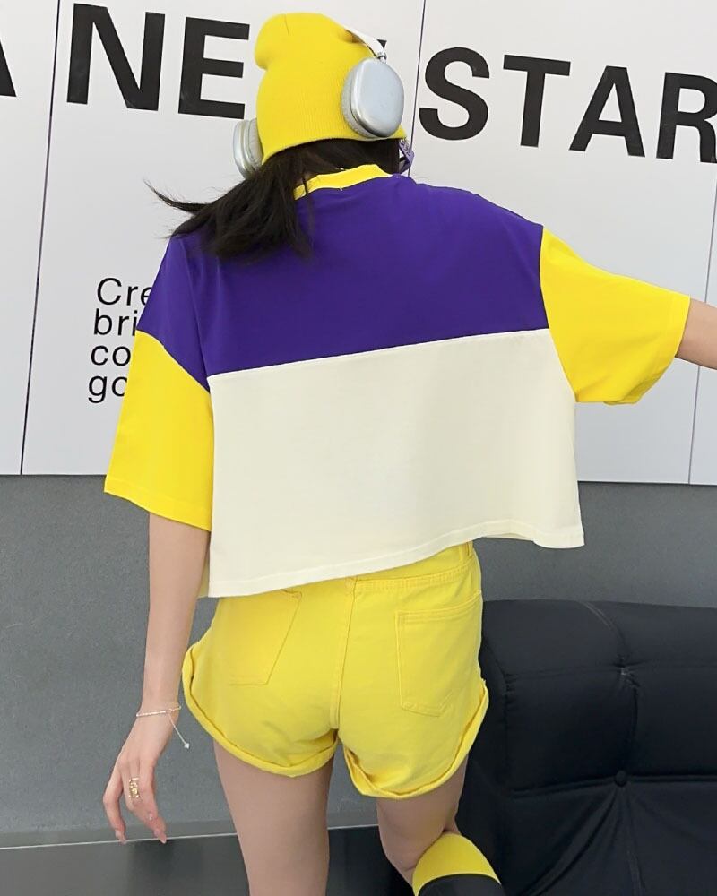 着回し力抜群 切り替え三色 韓国系 ゆったり半袖Tシャツ ＜S-8455＞