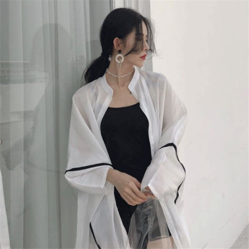 韓国系ゆったりUVカットロング丈薄手シャツ＜S-1714＞