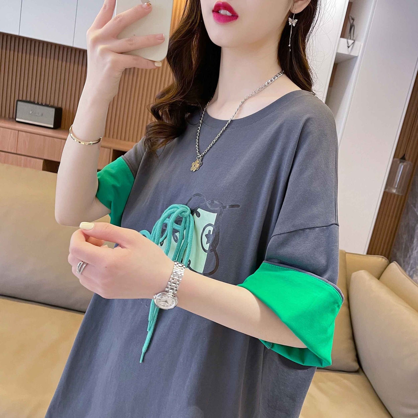 韓国系 プリント ラウンドネック ロング Tシャツ ゆったり半袖 ＜S-2988＞