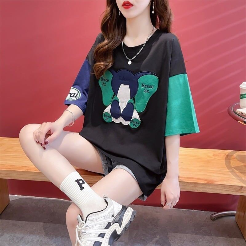 気質漫画カラーマッチング偽ツーピース半袖Tシャツ<S-2997>