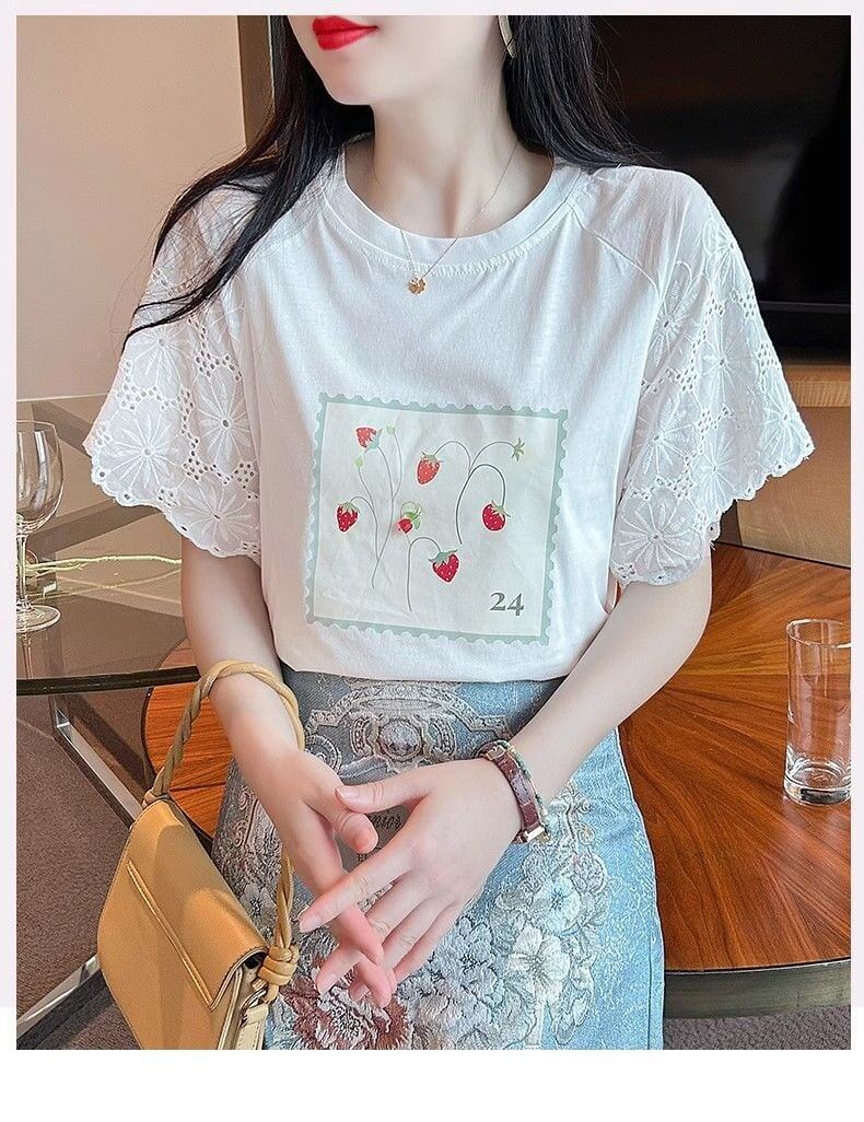 大好評 レース 上質 刺繍 切り替え 全2色 半袖Tシャツ＜S-8869＞