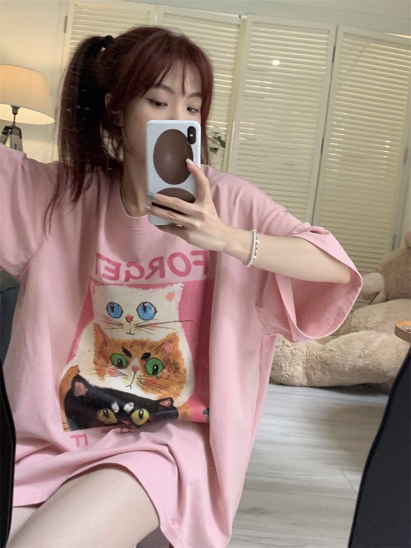 スウィート プリント 可愛いネコちゃん Tシャツ ピンク ゆったり半袖＜S-2973＞