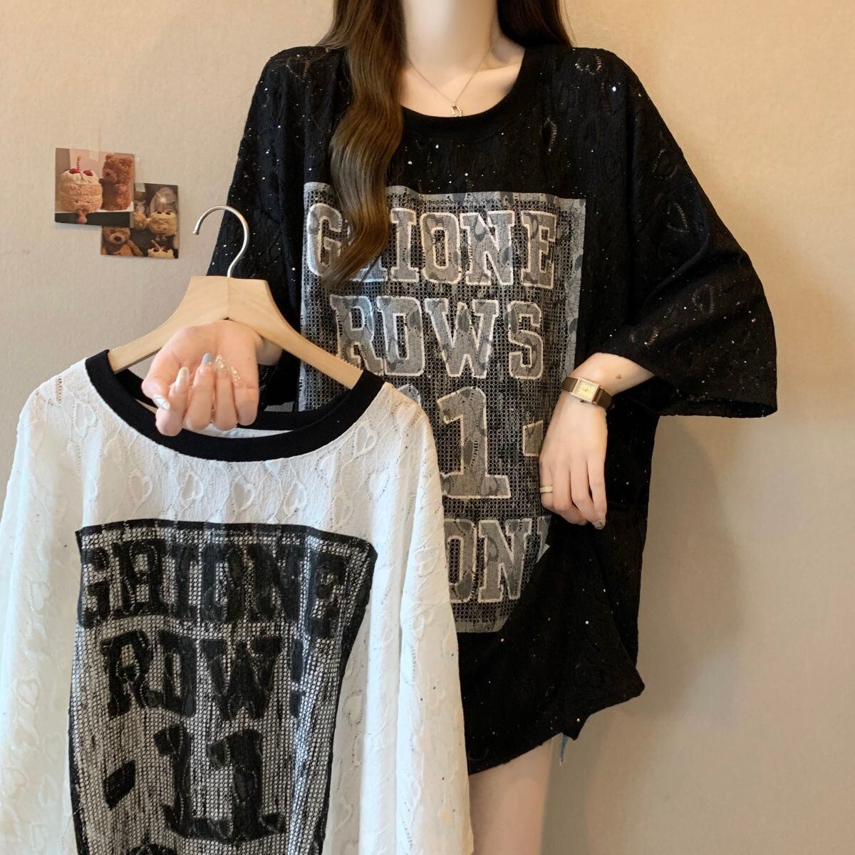 超人気 アバンギャルド 絶対流行 レース プリント全2色 半袖Tシャツ<S-8798>