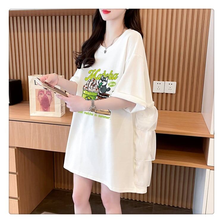着回し力抜群 切り替え プリント ロング Tシャツ ゆったり半袖 Tシャツ ＜S-8498＞