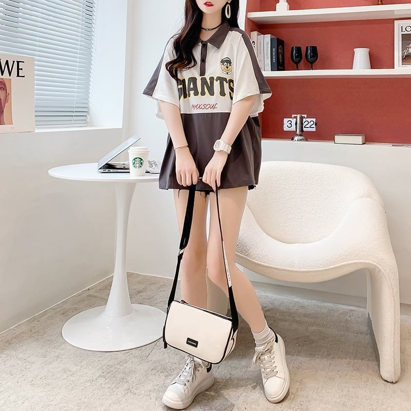 ファッションカジュアルネットレッドルーズポロカラー半袖Tシャツ<S-2856>