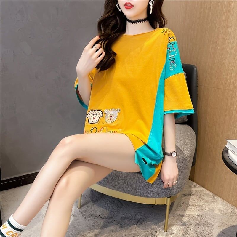 韓国風漫画刺繍ワッペン半袖Tシャツ<S-2991>