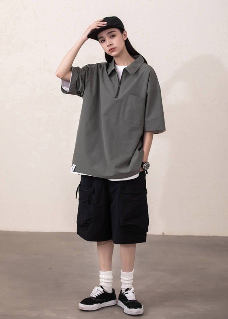 ルーズシルエット ハーフジップ 速乾 半袖 Tシャツ<S-13119>