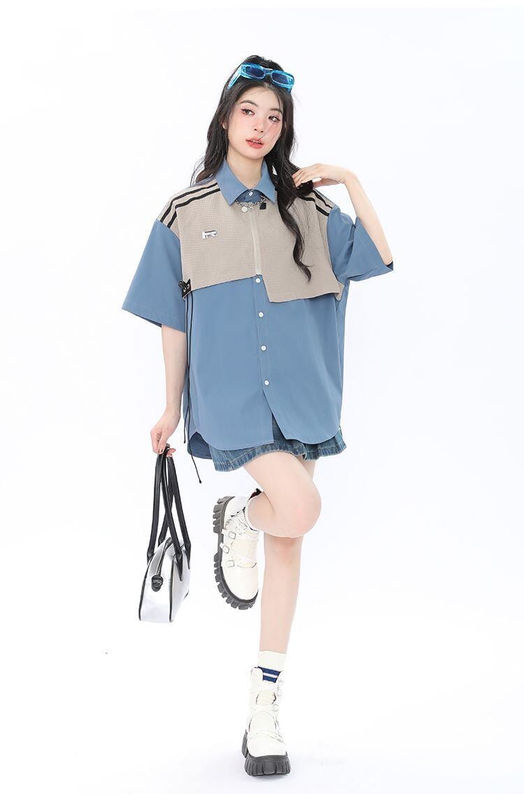 期間限定 ファッション 個性派 レイヤード風 切り替え プリント全3色 男女兼用 半袖Tシャツ<S-9044>