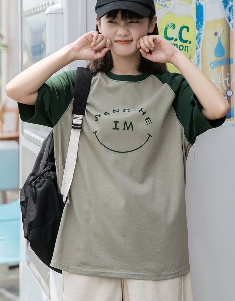 カラーマッチング スマイル ラグランTシャツ アルファベットプリント半袖 ＜S-2972＞